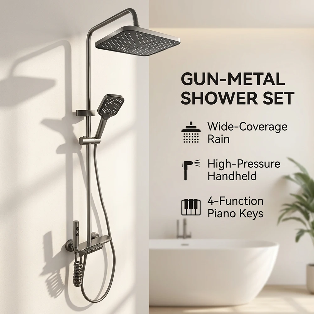 Luxury Gun Gray Shower System Brass Valve 4-Way Piano Key Bath Mixer Tap 330mm Large Rainfall Shower Head Handheld Bidet Sprayer
