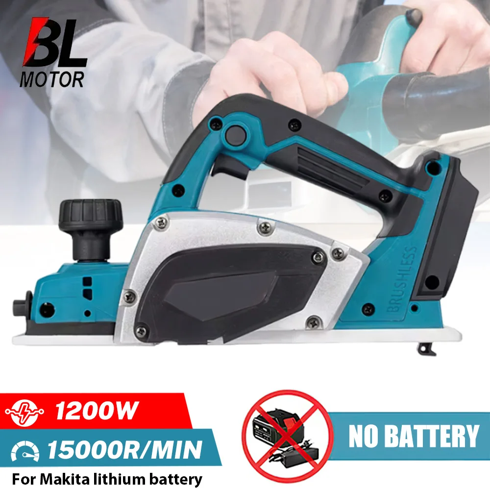 Kabelloser Elektrohobel, 1200 W, bürstenloser Holzhobel, 82 mm, 15000 U/min, einstellbare Tiefenlehre und Spänebläser für Makita 18 V Akku