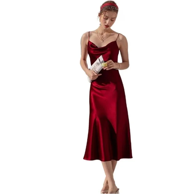 Seksowny Spaghetti pasek bordowy Vintage sztuczny jedwab sukienek letnie kobiety satynowa sukienka na ramiączkach Femme długa suknia Vestidos — zdjęcie 2