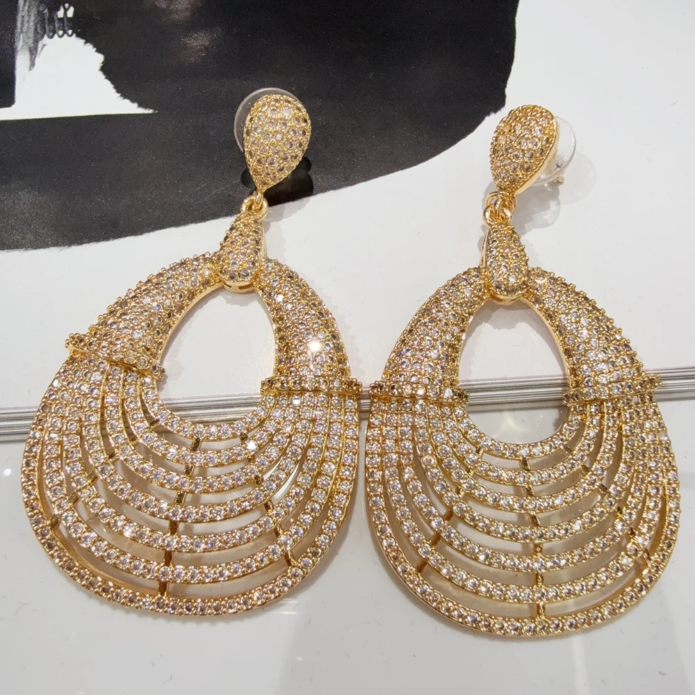 

Luxury Cubic Zircon Crystal CZ Nigerian Long Dangle Drop Earring For Women African Bridal Earring FHK22015