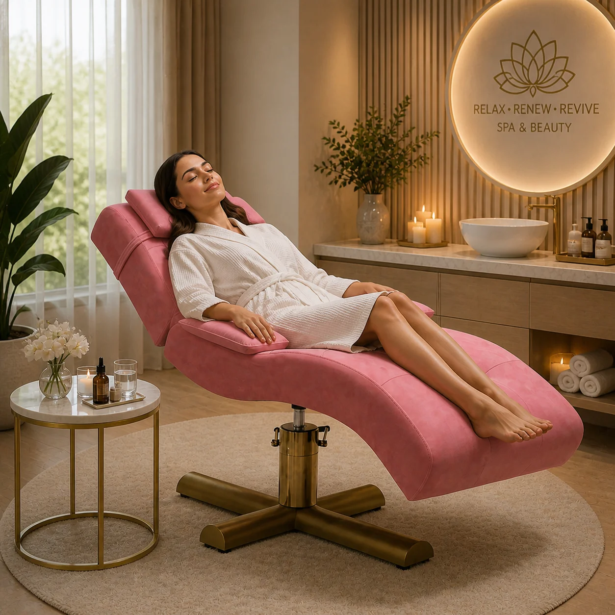 

Luxurious Red-pink Leather Facial Care Bed, Hydraulic Lifting Adjustable Beauty Bed, Suitable for Eyelash Extension and Massage