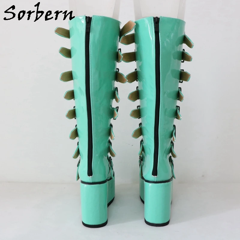 Sorbern Fashion Punk Style Boots Women Knee High Wedges Comfortable Buckles Straps Fetish Drag Queen Shoe Custom