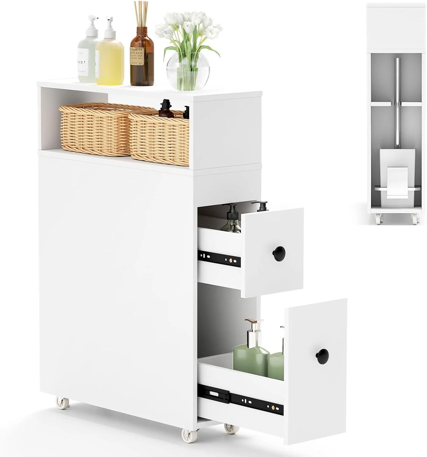 

Slim Bathroom Storage Cabinet with Wheels, Narrow Toilet Side Cabinet with Drawers, Removable Storage Baskets, Toilet Brush