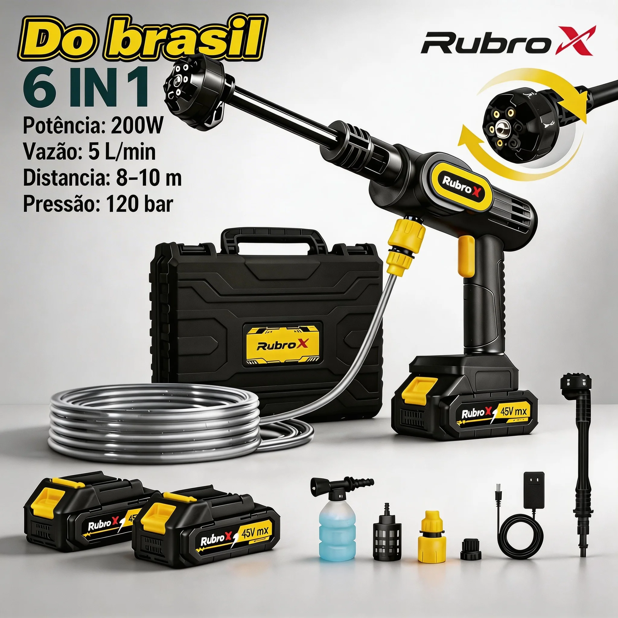 Rubor X 6 em 1 70Bar Lavadora de Alta Pressão Sem Fio 200W Recarregável com Gerador de Espuma para Carro Jardim Casa 48VF