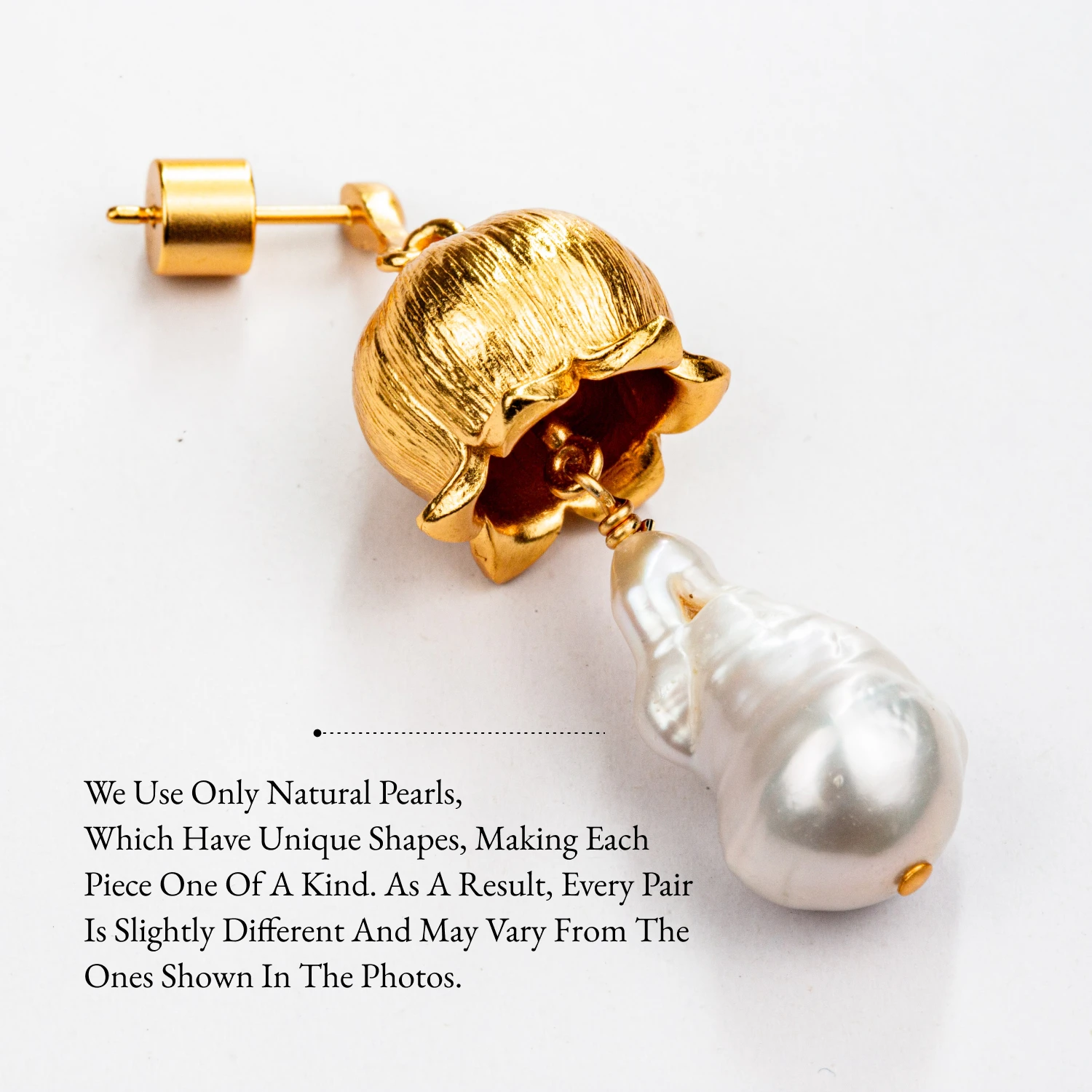 YAJUNIEL Flower Bud Earrings with Natural Baroque Pearl 24K Gold Plated Brushed Finish Drop Earrings for Women Jewelry Gift