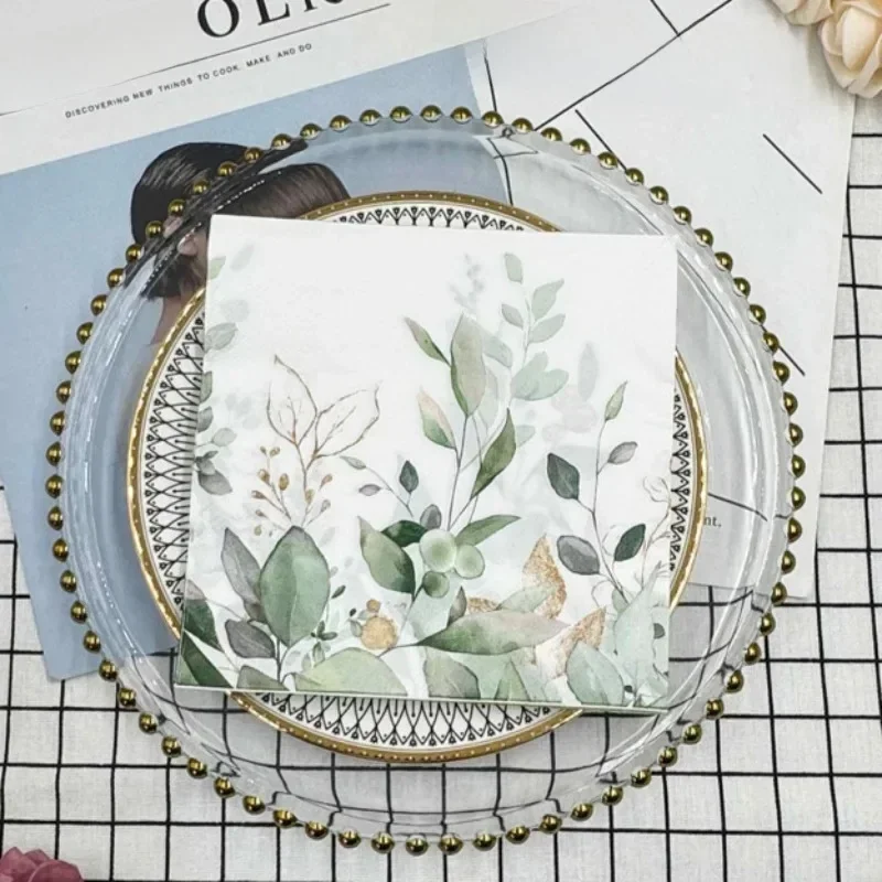 Serviettes imprimées colorées à 2 plis, 20 pièces, feuilles vertes de forêt, décoration de Table d'hôtel, Restaurant, verre à vin, fleur, napperons en papier