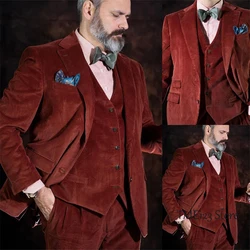 Men's three-piece retro corduroy single-breasted slim-fit business suit jacket wedding best groomsman suit (jacket + vest + pant