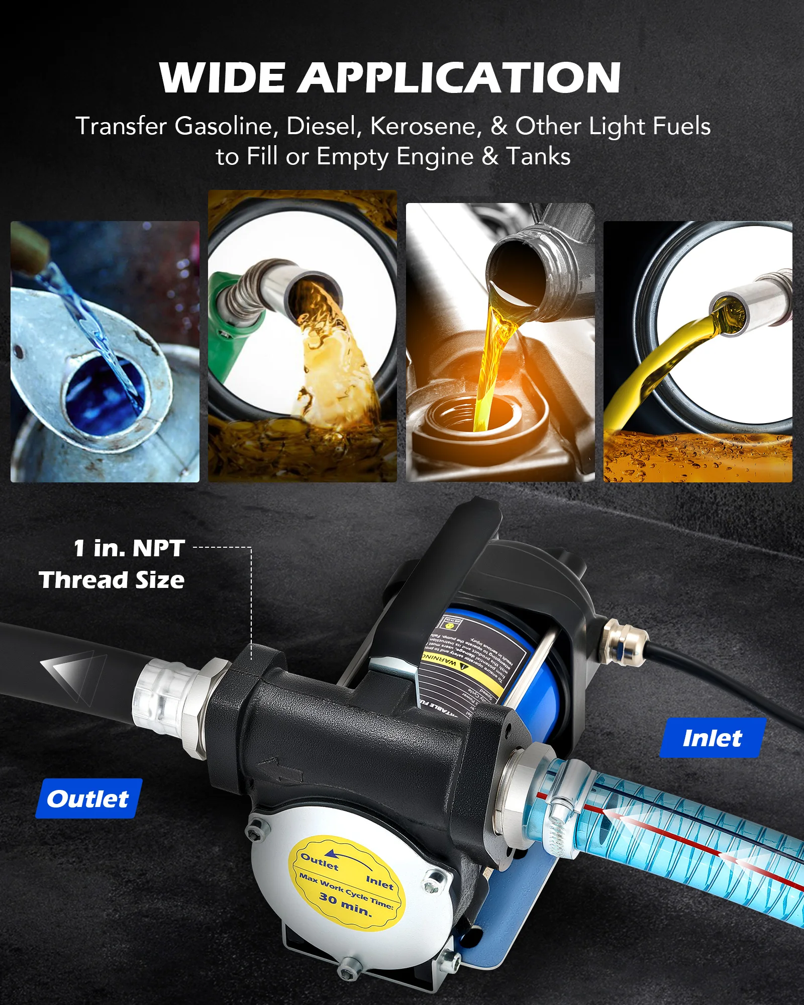 OMT 15gpm 휴대용 연료 이송 펌프 키트 (휘발유, 등유, 경유용, 노즐 포함)