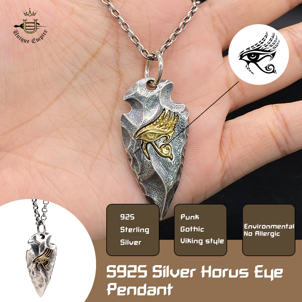 925 Sterling Silver Vintage Stone Spear Men's Pendant Egypt Horus Eye Necklace Street Punk Hip Hop Holiday Gift Decor Jewelry