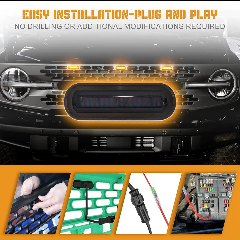 3pc Set Light Smoked Lens Amber LED Front Grille Insert Ford Bronco Accessories OEM Grille Lamps Kit w/Wire Harness 2021-2023