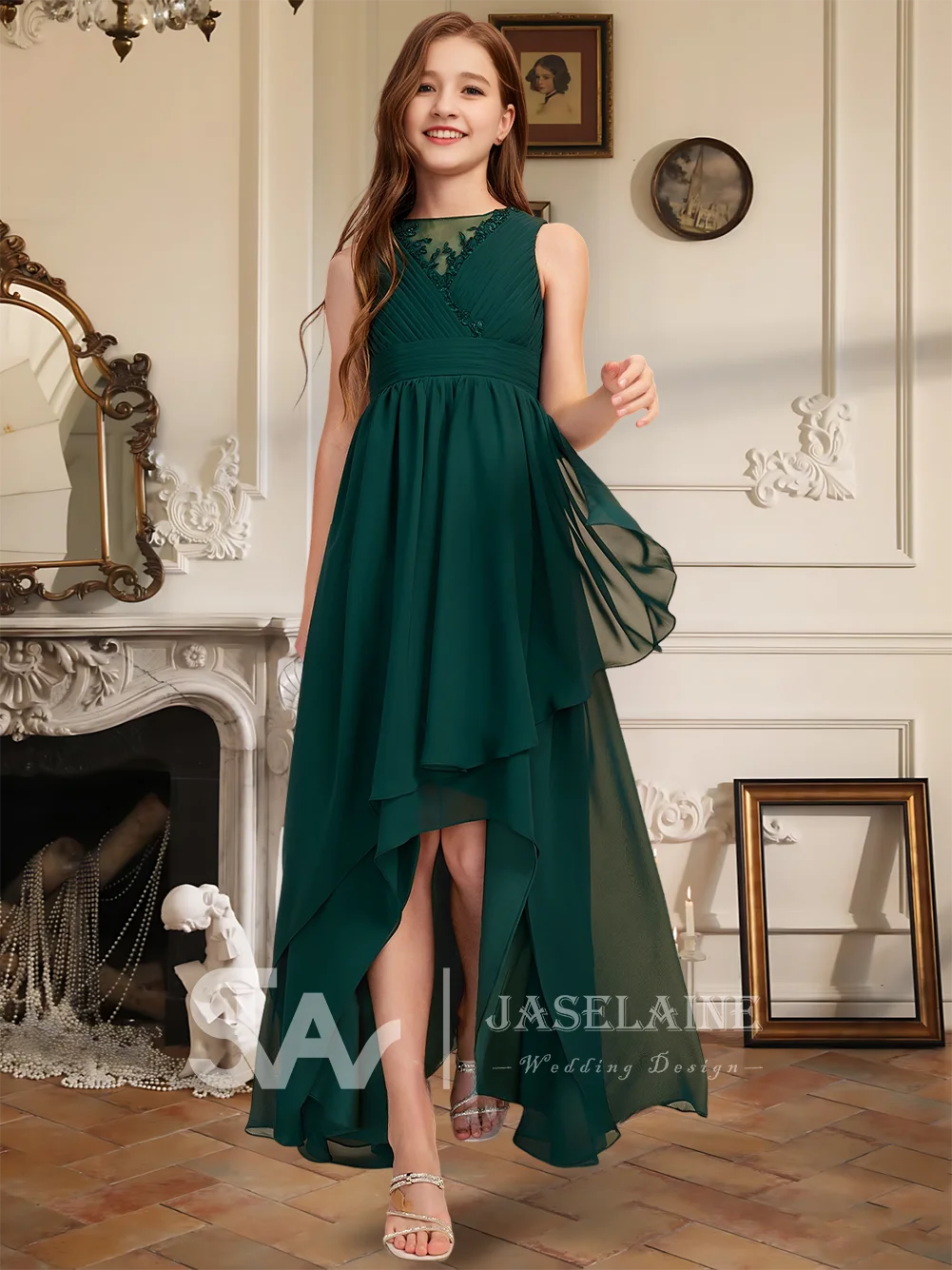 Dark Green Elegant A-Line Scoop Asymmetrical Chiffon Lace Junior Bridesmaid Dress Flower Girl Dress Girls Party Wedding Formal