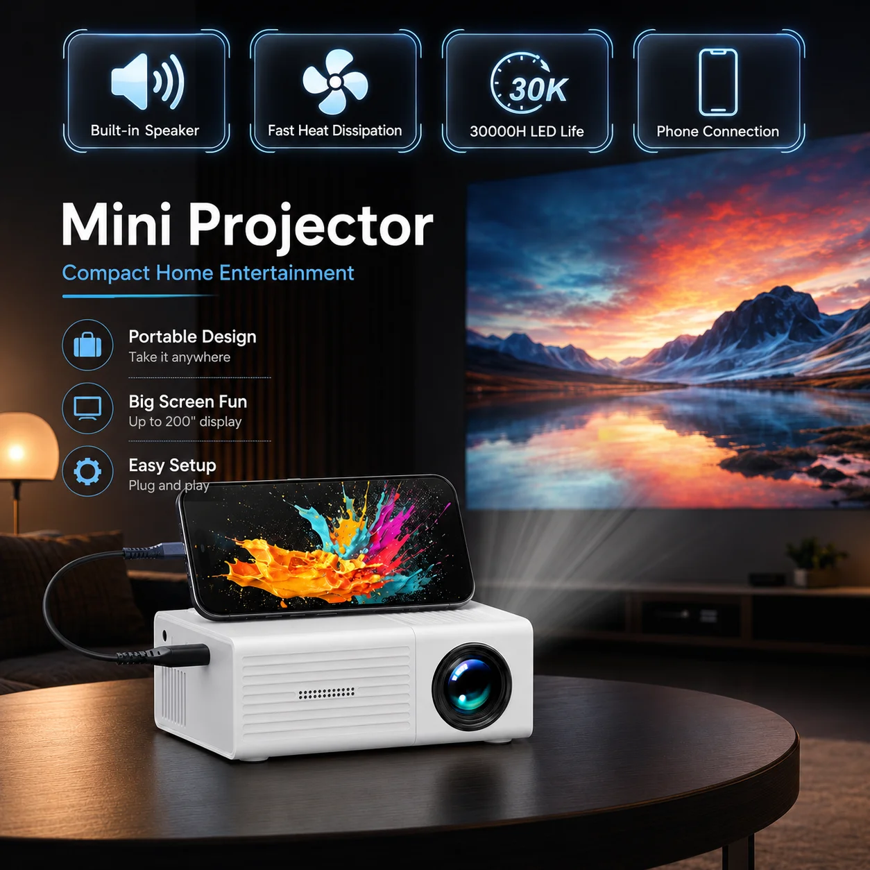Tragbarer Mini-Projektor HD LED-Display, Anschluss für Telefon und Laptop, kompaktes Design mit integrierter Luftableitung, Heimtraining