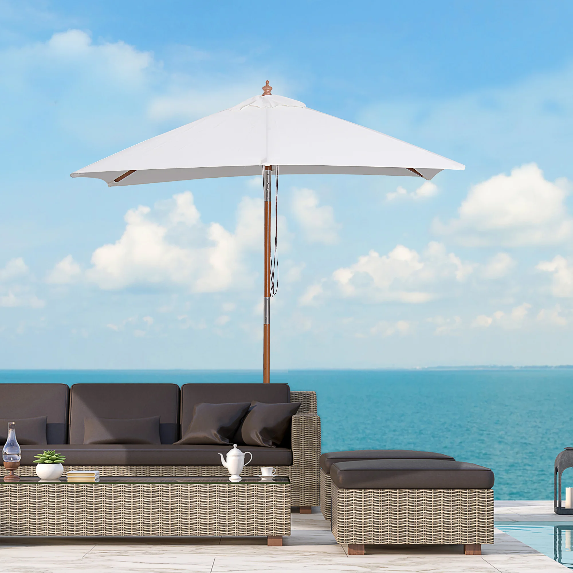Parasol de jardin rectangulaire 200x150cm, parasol inclinable en bois avec inclinaison réglable sur 3 niveaux jusqu'à 45° ° Auvent en polyester résistant aux UV et hydrofuge, parasol de jardin extérieur pour plage, balcon, terrasse, blanc crème, base non incluse