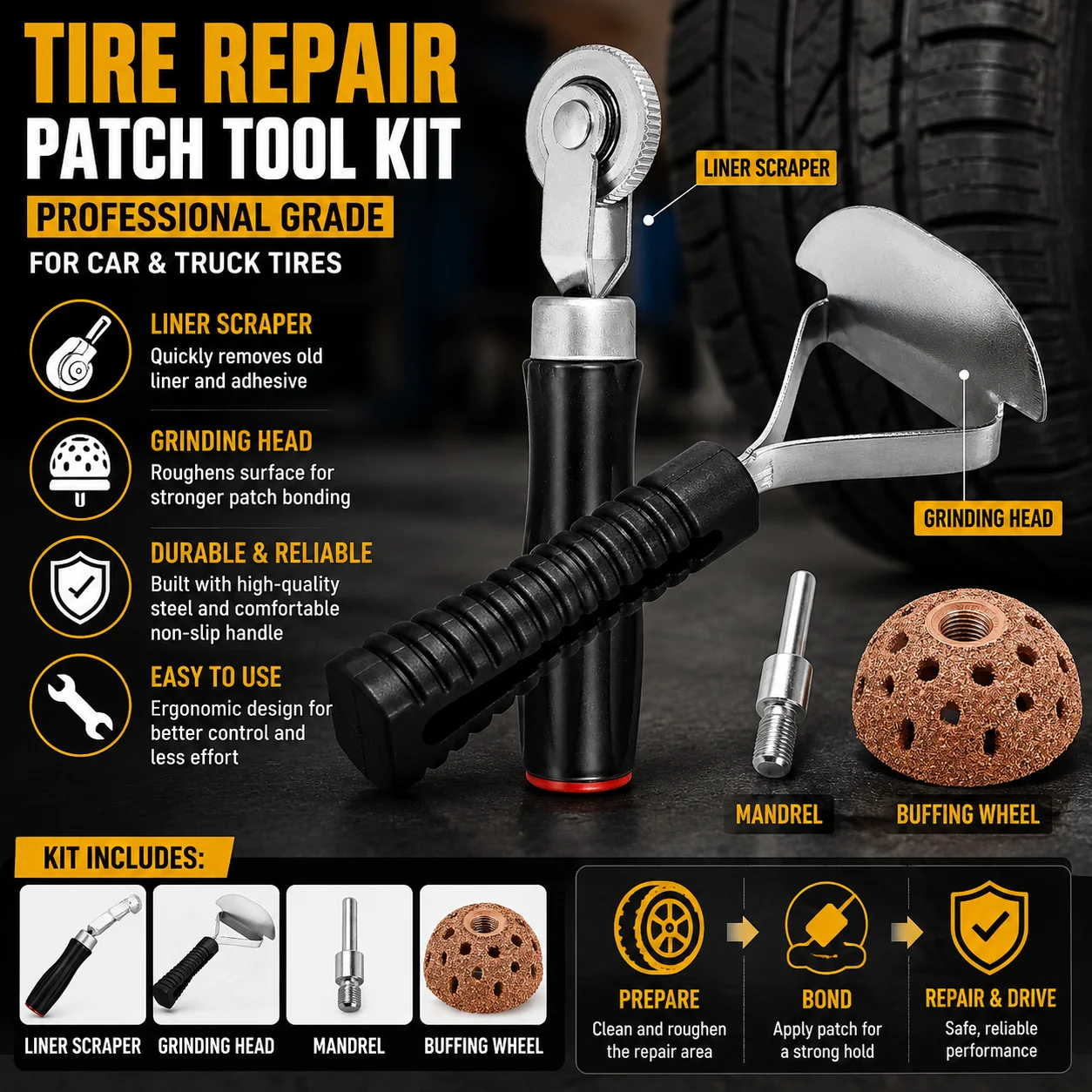 Heavy Equipment Scraper - Tire Repair Patch Tool Kit, Inner
