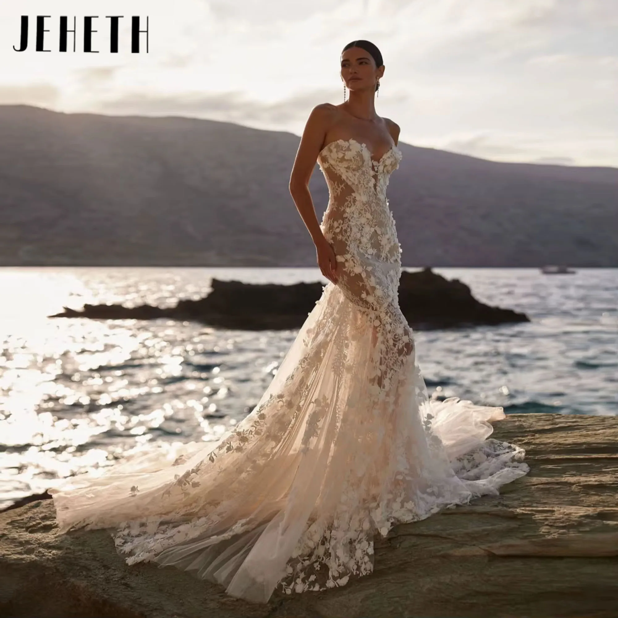 

Charming Lace 3D Flower Wedding Dress Sexy V-neck Mermaid Long Bridal Gown Graceful Dress for Wedding Ceremony Customized