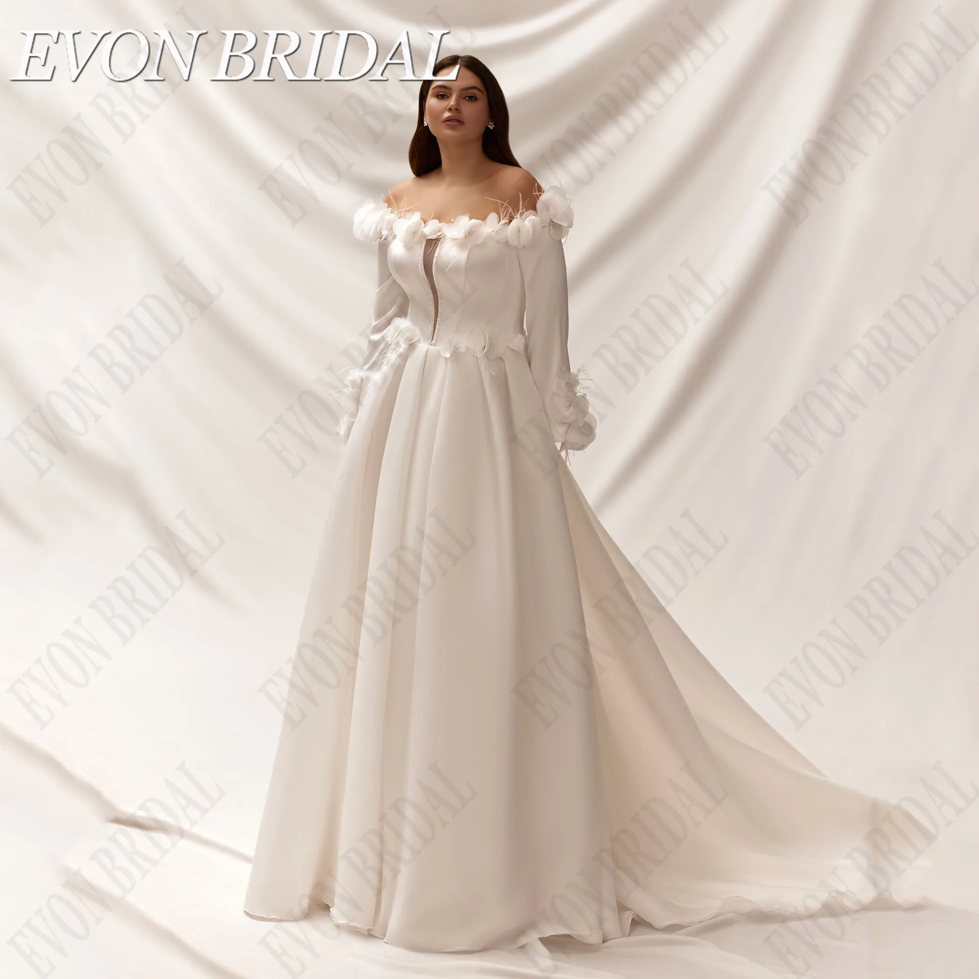 EVON BRIDAL Satin Plus Size Wedding Dress Women Off Shoulder Flowers Detachable Sleeves Tailor-Made Bride Gowns Robe De Mariée