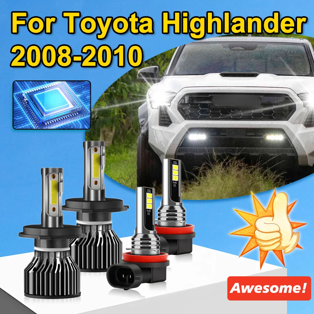 

4Pcs For Toyota Highlander 2008-2010 COB Chip H4High Low Beam+H11 Fog Lamp Built In Driver Rapid Heat Dissipation LED Bulbs