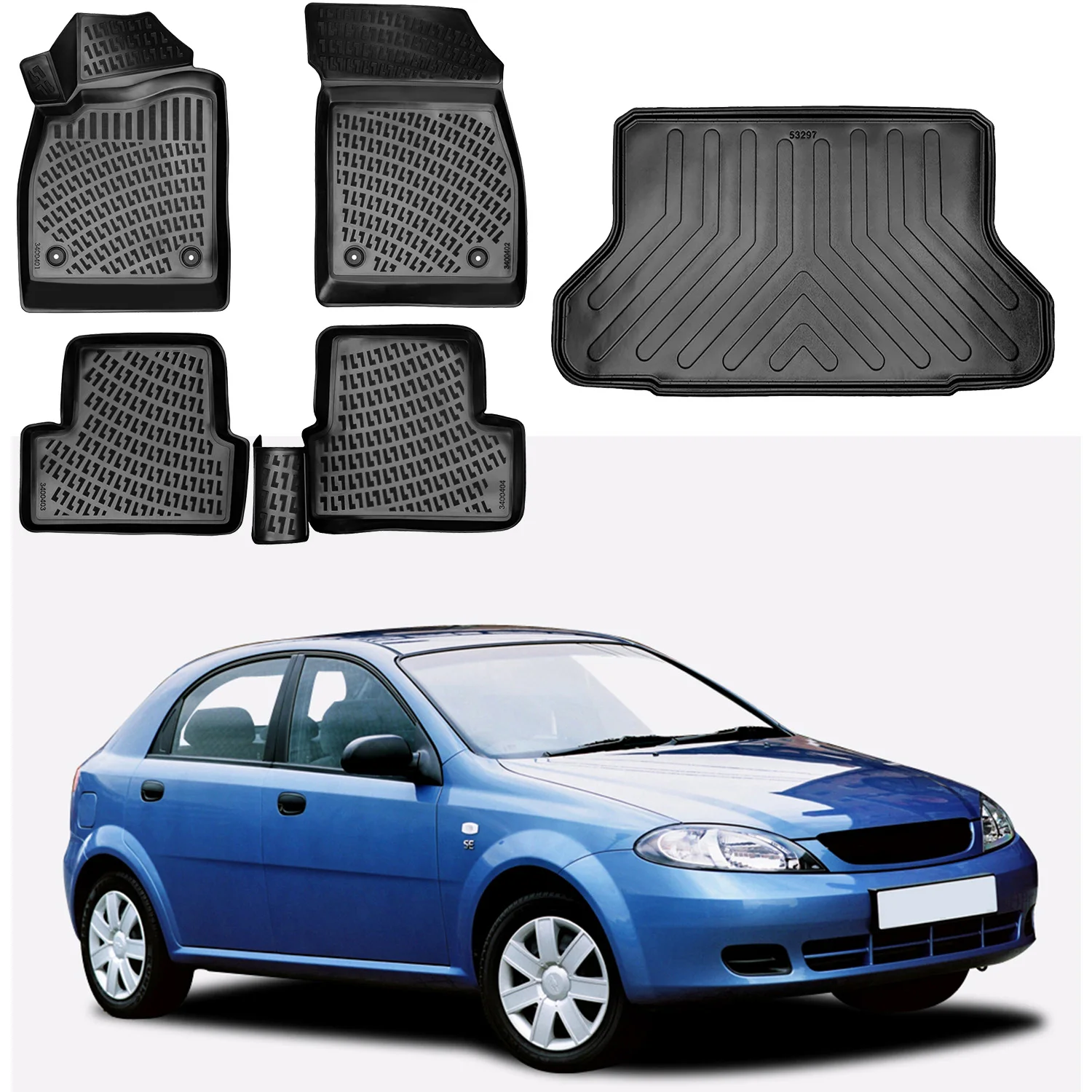 Floor Mats + Cargo Trunk Liner Fits Chevrolet Lacetti 2009-2024 Set - All Weather Maximum Coverage - Water Resistance