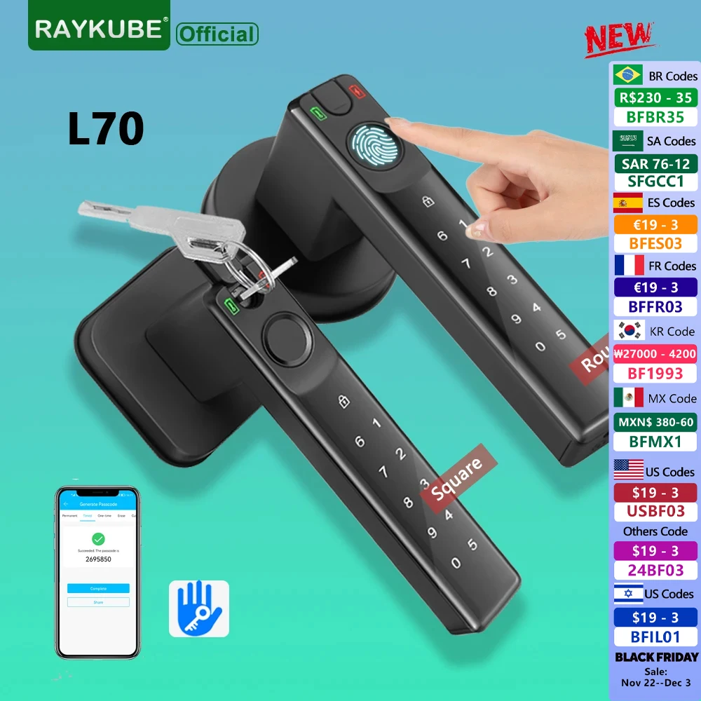 

NEW RAYKUBE L70 TT Lock Smart Fingerprint Door Lock Password Lock with Keys APP Unlock For Indoor Bedroom Wooden Metal Door