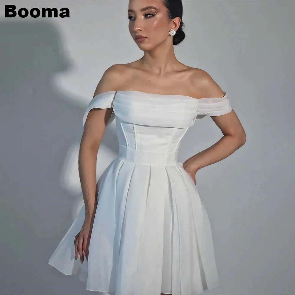 

Booma A-Line Mini Wedding Party Dresses Off Shoulder Pleats Brides Prom Dress for Women Above Knee Cocktail Gowns Bespoke