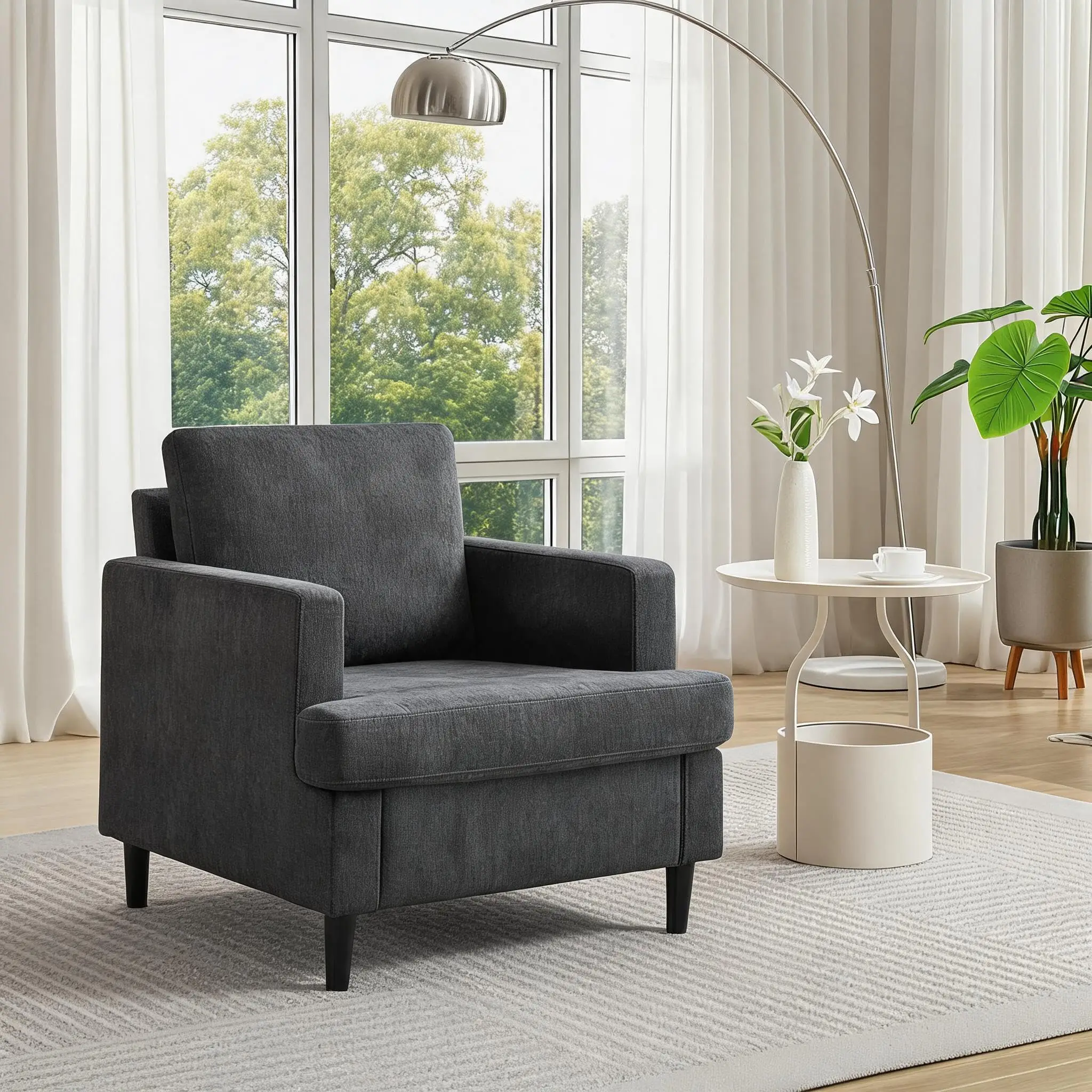 Mid-Century Modern Linen Accent Chair with Deep Seat, Soft Backrest & Solid Wood Legs – Upholstered Armchair for Living Room, Bedroom, Office