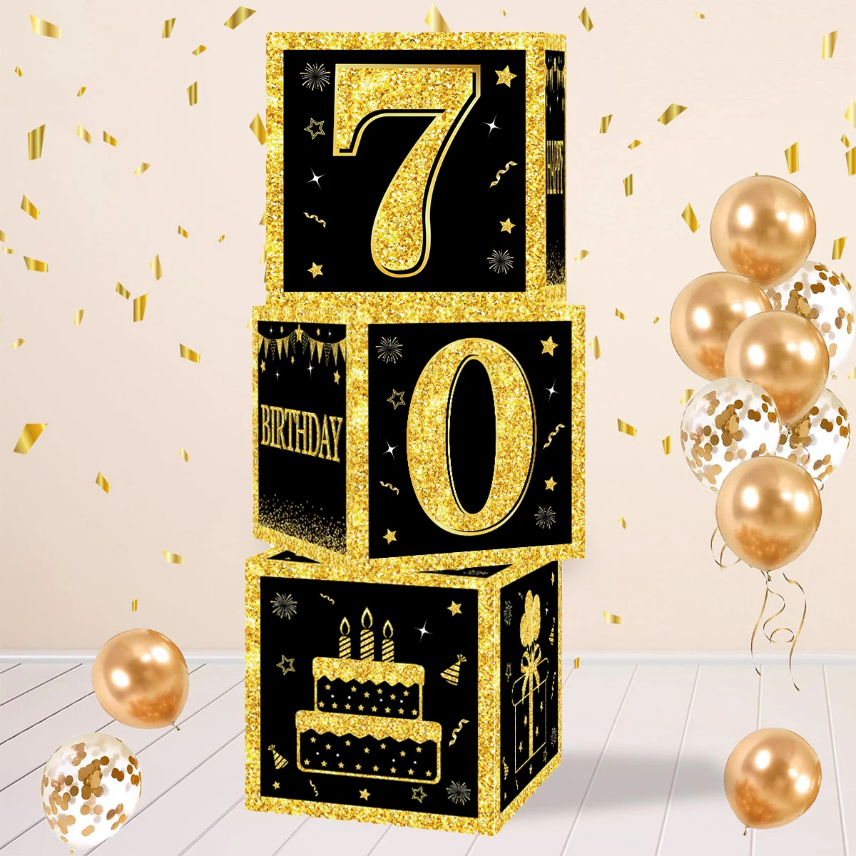 70th 80th Black Gold Glitter Birthday Balloons Box Happy Birthday Decors Adults 70 80 Year Old Theme Party Supplies Box Favors