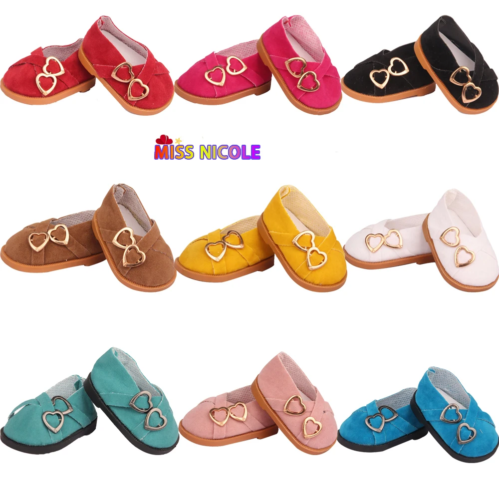 7cm Super Cute Leisure Doll Shoes Double Hearts Pu Leather 18 Inch Mini Handmade Shoes For Reborn Baby Dolls 43 cm Russian Toys