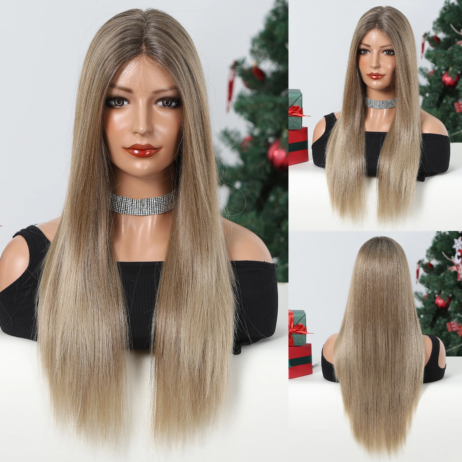 Long Straight Lace Front Synthetic Wigs Light Brown T Part Lace Wig for Women High Density Wig with Baby Hair Heat Resistant