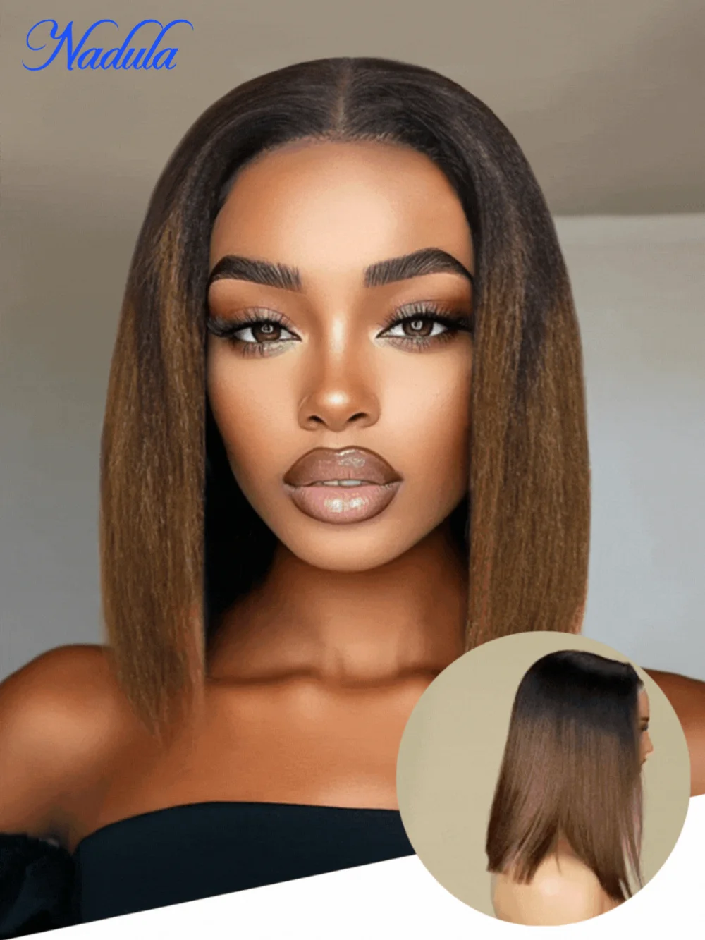 

Nadula 13x4 Lace Frontal Chestnut Brown Ombre Yaki Straight Bob Wig Pre-Bleached Natural Looking Human Hair Wig with Drawstring