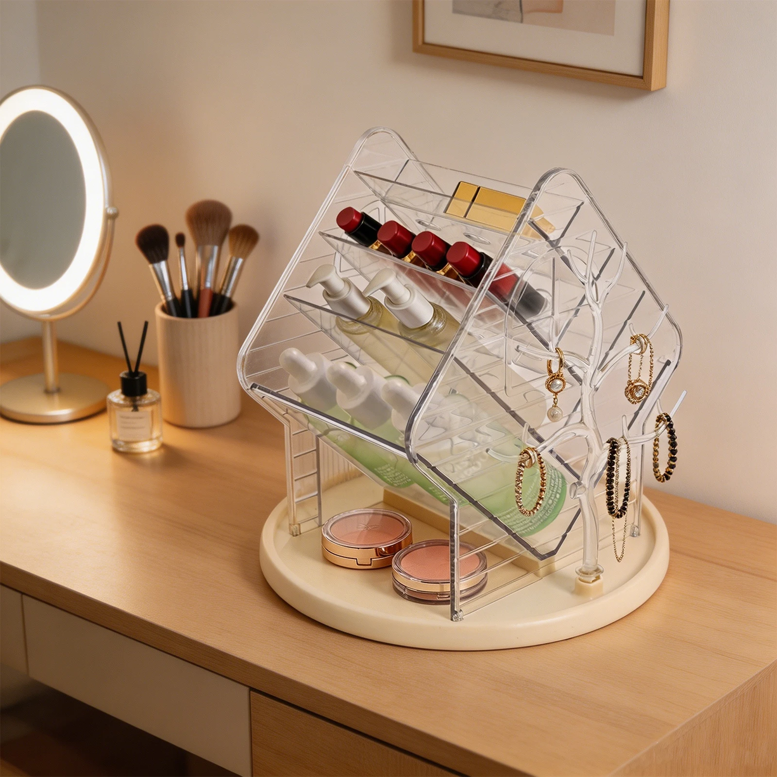 360° Rotating Clear Makeup Organizer, Multi Compartments With Side Hooks Spinning Cosmetic Storage Holder For Vanity Dresser, Bedroom, Bathroom
