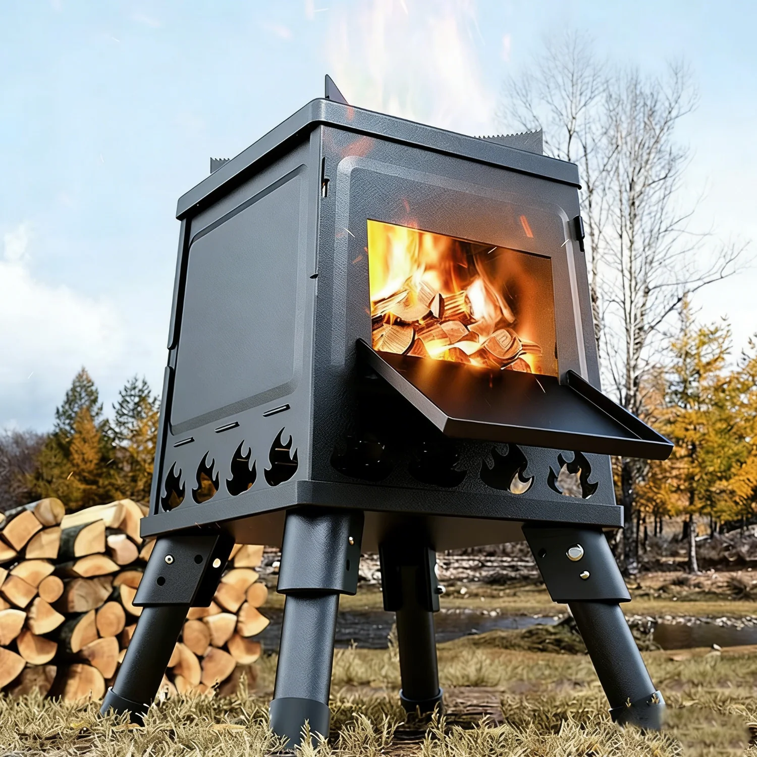 Réchaud à bois de camping portable avec gants, supports de casserole réglables, brûleur de barbecue extérieur
