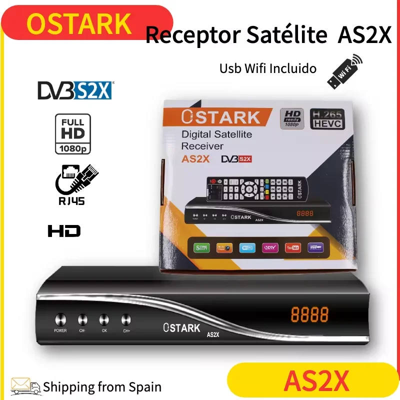 Ostark AS2X DVB S2 S2X HD1080P T2MI H.265 satellite receiver with Scart Port stalker rj45 USB wifi included support xtream youtube shipping from Spain