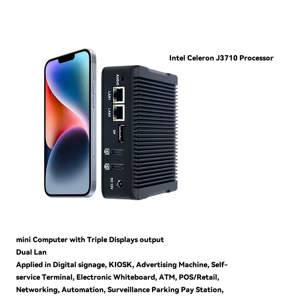 Computer senza ventola Processore Intel Celeron J3710 Mini PC 4K Supporto Lettore multimediale Tre display