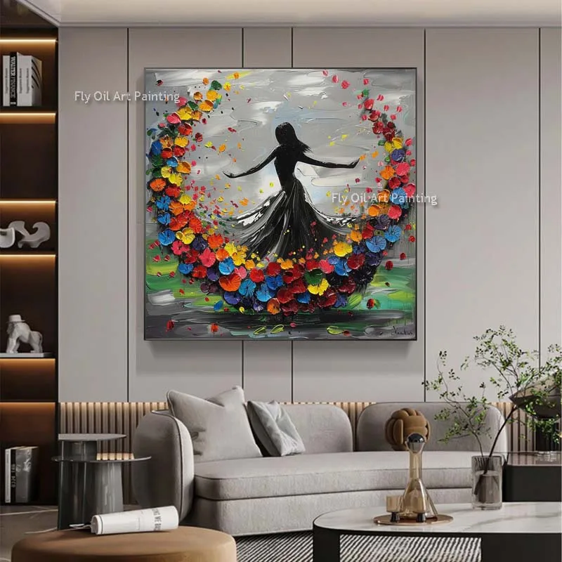 

Girl Surrounded By Colorful Flowers Abstract Oil Painting Modern Impression Dancing Girl Handmade Canvas Artwork For Decor