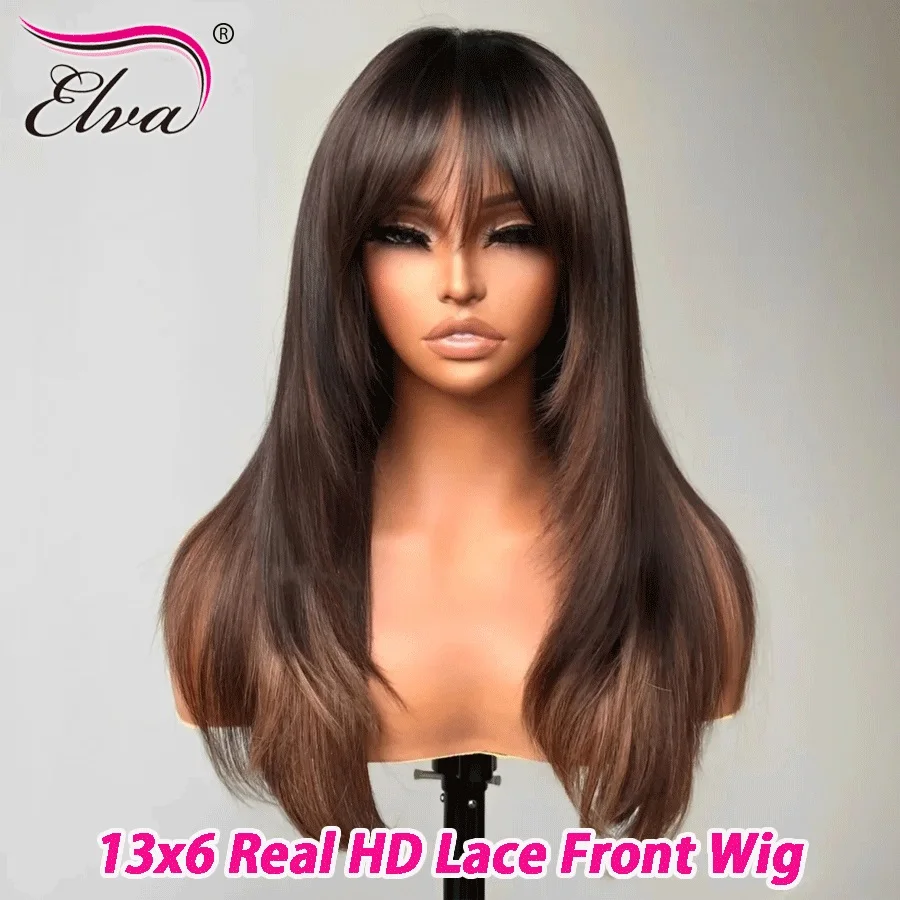 

9X6/5X5 Glueless HD Lace Brown Highlight Color Straight Wig With Bangs 13x6 HD Lace Frontal Wig Wear To Go Layered Cut Wigs