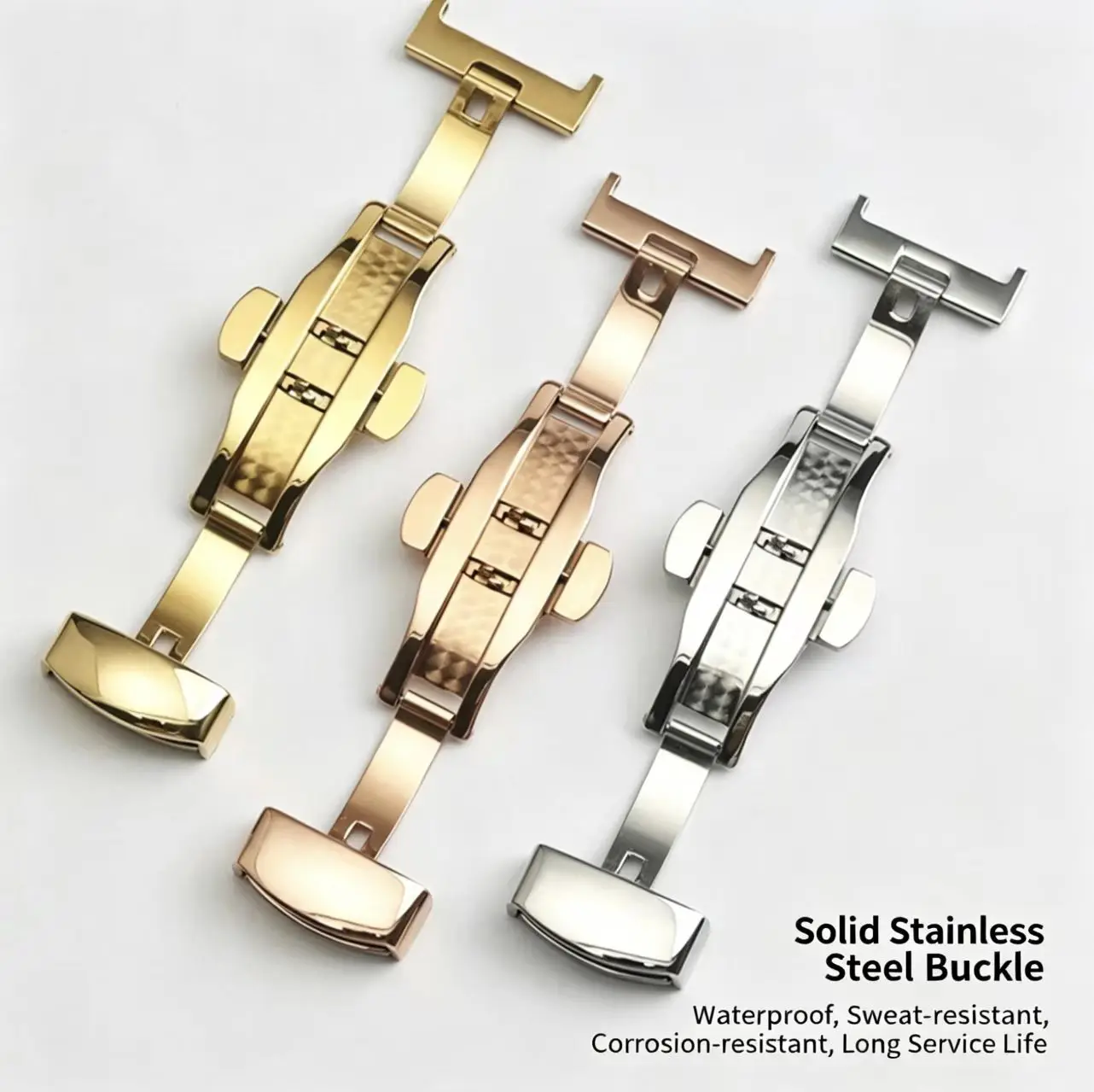 Picture 5: Universal stainless steel double-push butterfly clasp (4-pin) for leather watch straps (vacuum plated; 12mm, 16mm, 18mm)