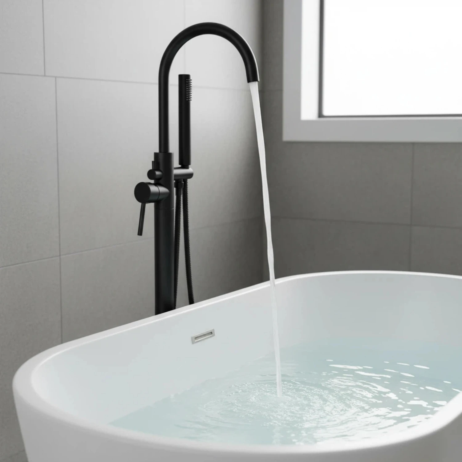 

Напольный смеситель для ванны с ручным душем и поворотом на 360° ° Поворотный излив - матовый черный