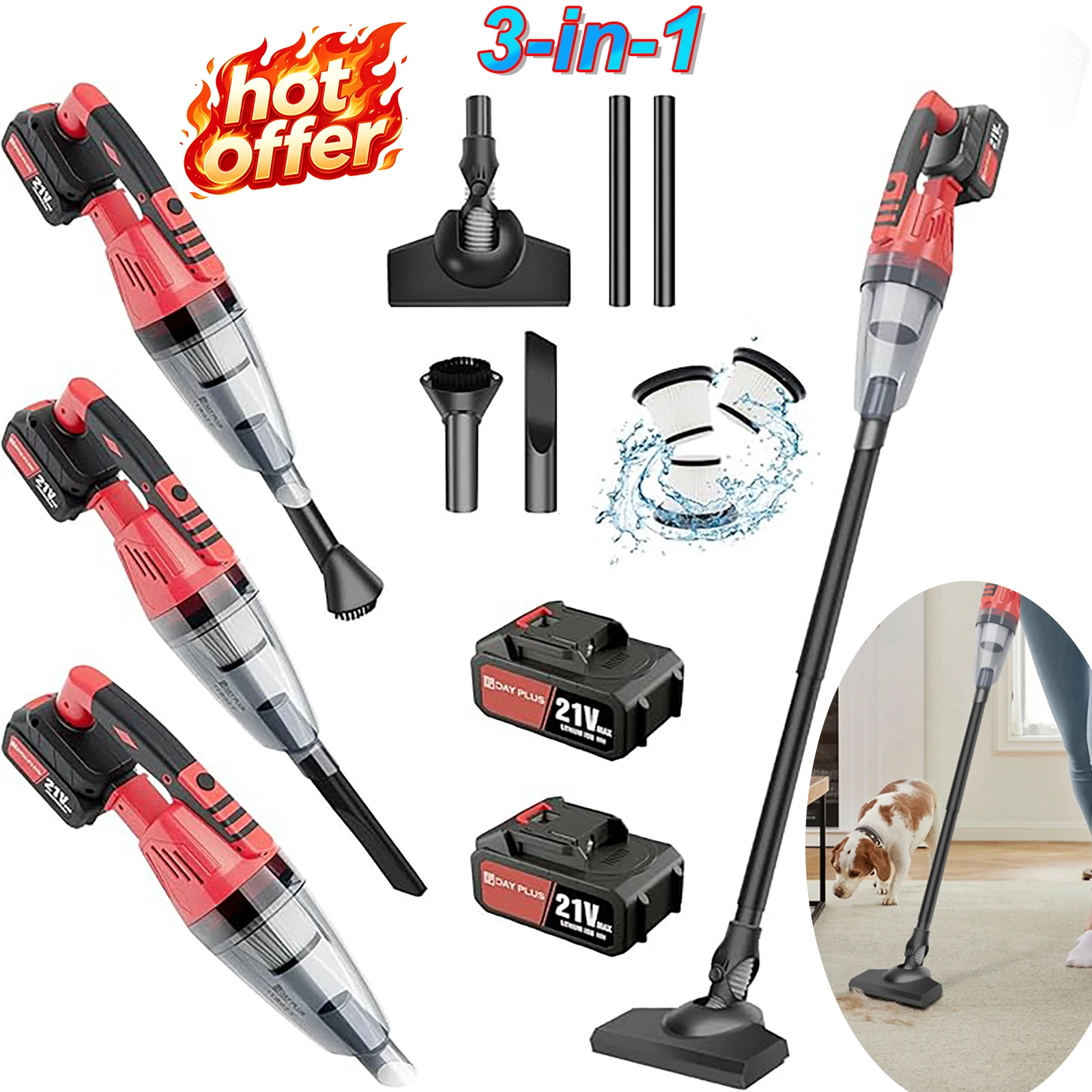 Aspirateur balai sans fil 2-en-1 avec 2 batteries, lumière LED, léger, pour voiture et maison, pour sols durs et poils d'animaux, aspiration puissante, aspirateur à main