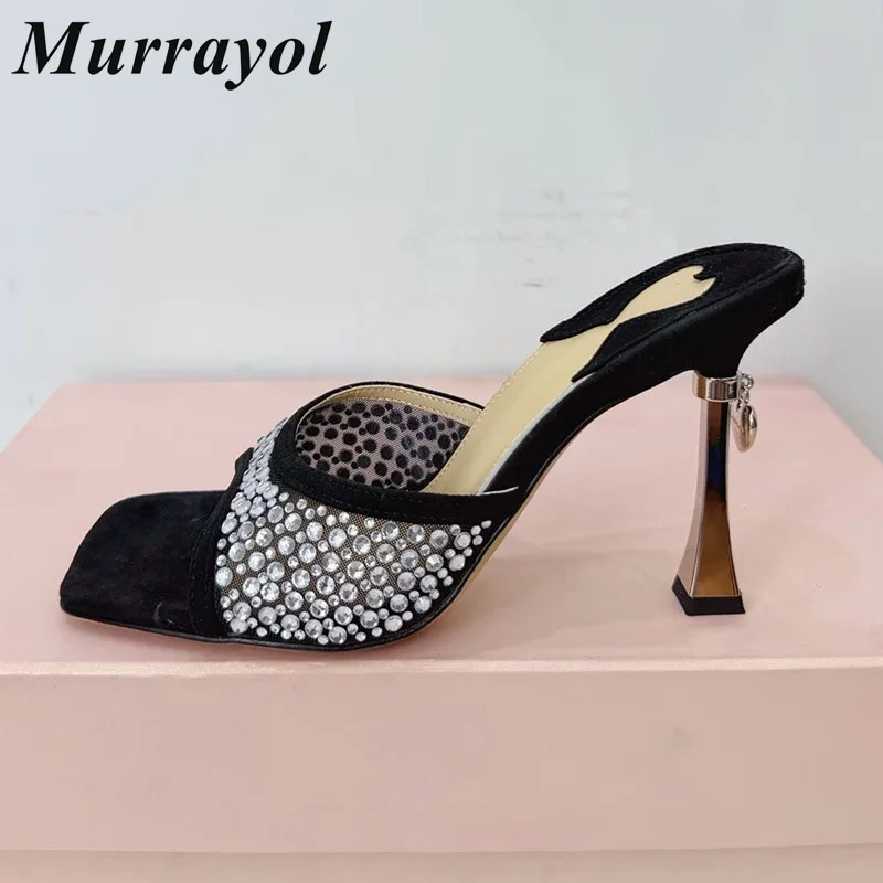 

Slippers Women Mesh Square Toe Sandals Summer Bling Crystal Decor Thin High Heel Sandalias Mujer Sexy Party Banquet Shoes 2026
