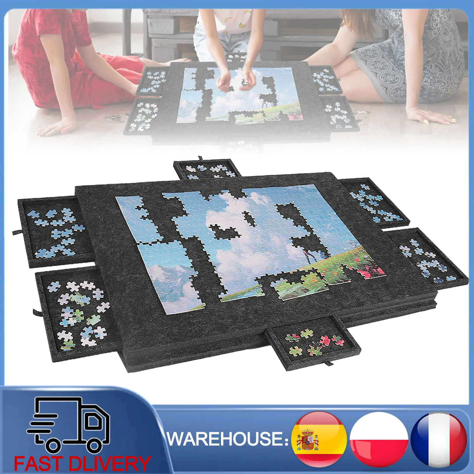 Planche à puzzle portable en feutre, tapis antidérapant avec 6 tiroirs de rangement, solution de rangement légère pour puzzles pour adultes