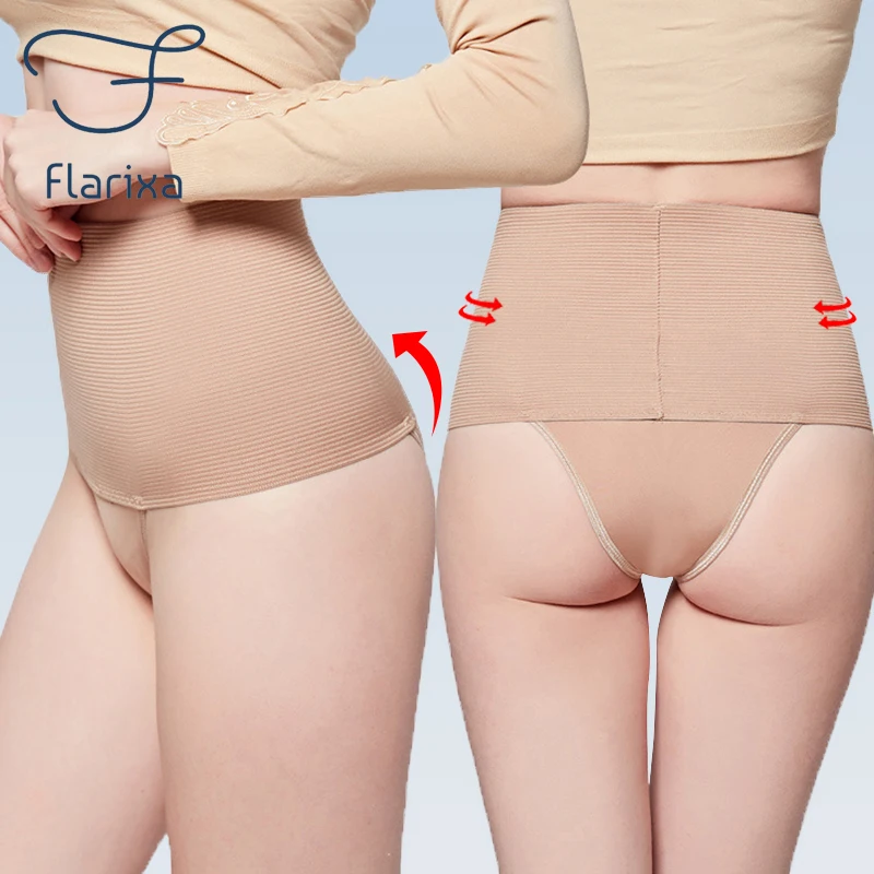 Flarixa High Waist Tummy Control Panties Women Belly Shaper Pants Butt Lifter Thongs Striped Briefs Plus Size Slimming Underwear