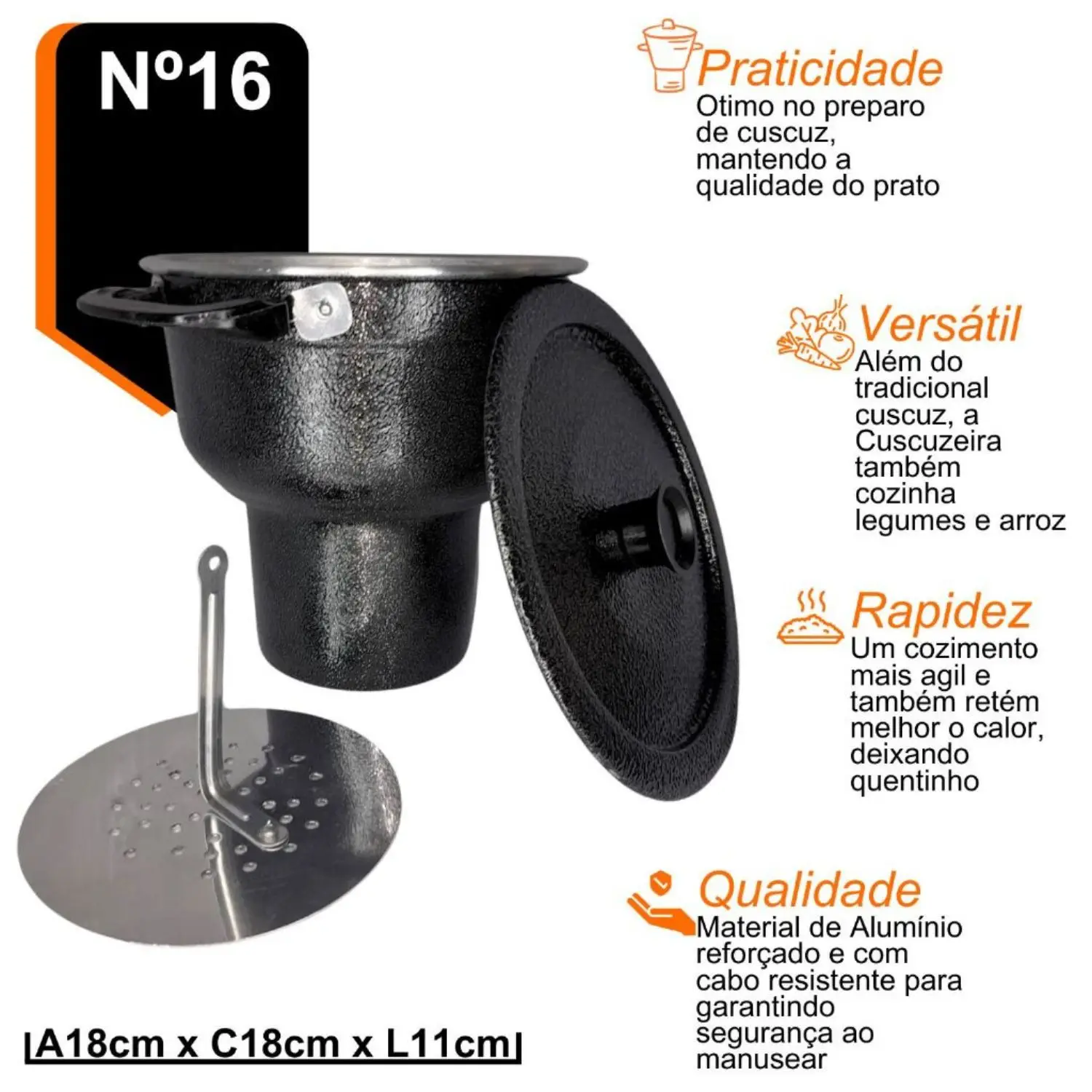 Nordestino Couscous Pan Reinforced Black Aluminum Couscous Pan Nº16