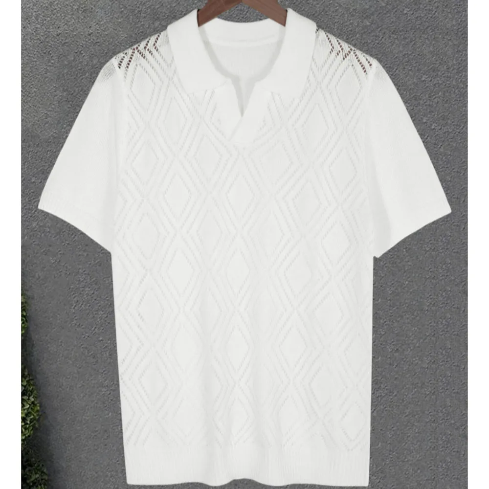 Men's Knitted Polo Shirt Summer Short Sleeve Breathable Hollowed-out Diamond Pattern Casual Slim Fit Pullover 2026 New