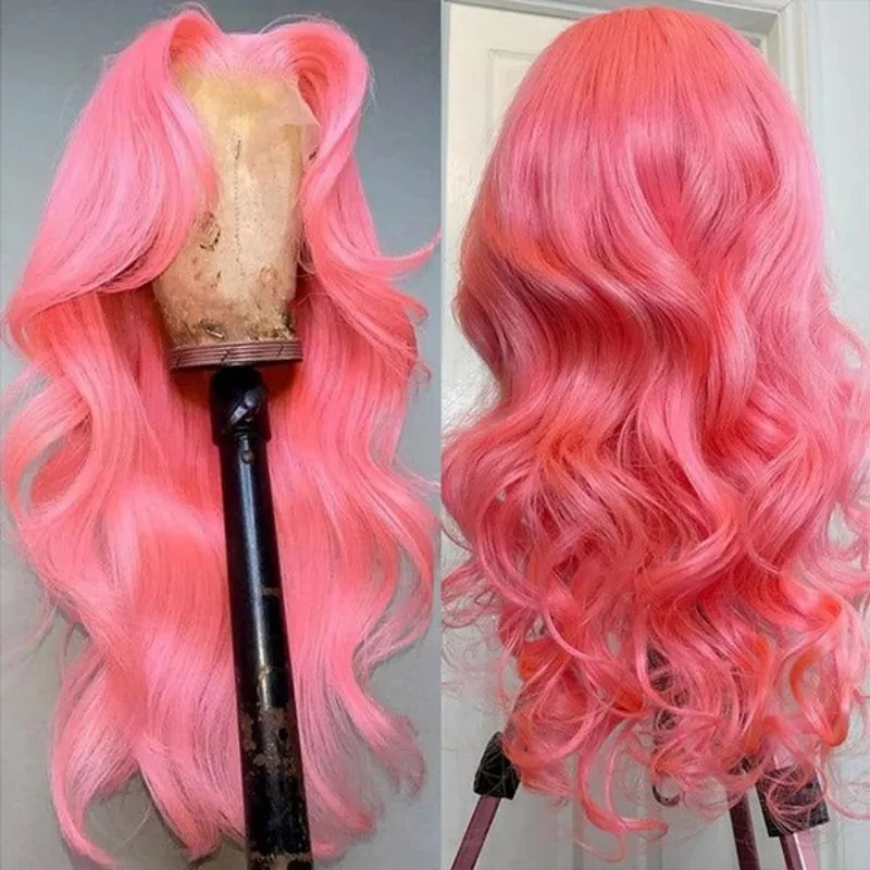 30 inch 13x6 Pink Hd Lace Front Wig Human Hair Body Wave Pink Lace Frontal Human Hair Wig 180 Density Pink Curly Lace Front Wig