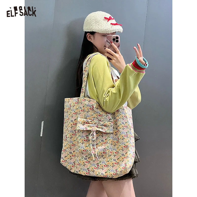 ELFSACK 2025 Spring New Arrivals Dopamine Flower Print Bow StorageHandbag Women