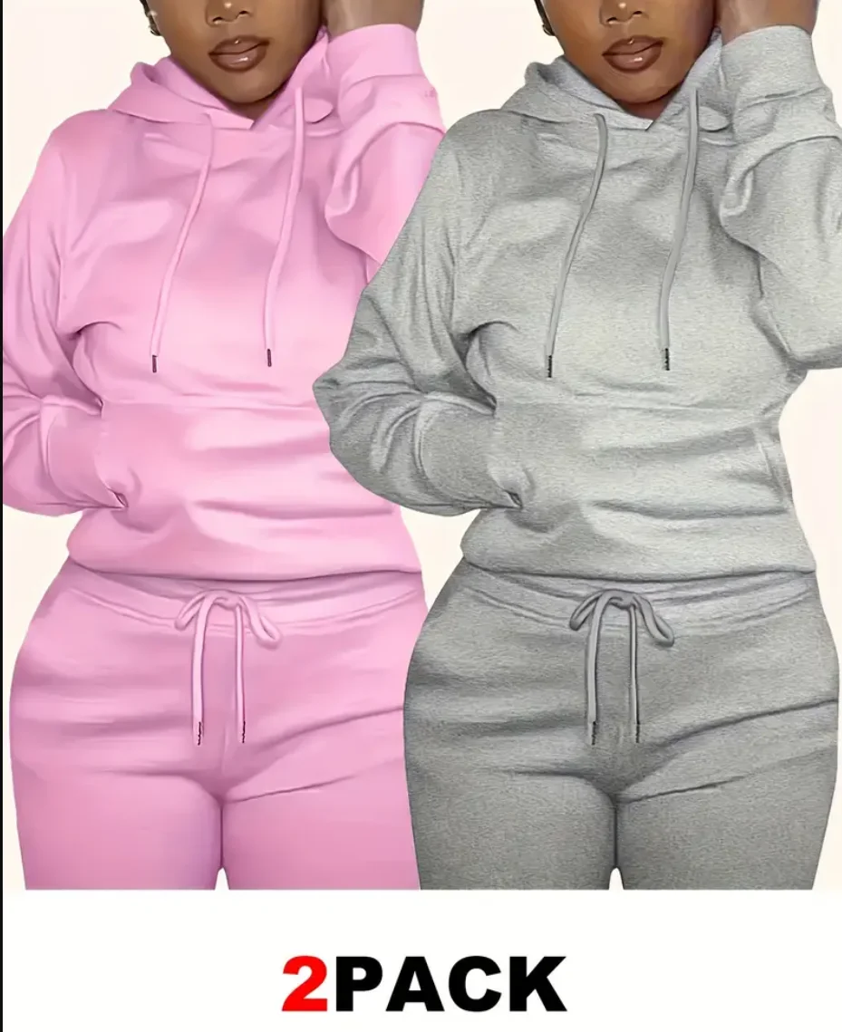 2 Pack Solid Drawstring Hoodie, Casual Long Sleeve Hooded Sweatshirt With Kangaroo Pocket For Fall & Winter, Women's Clothing