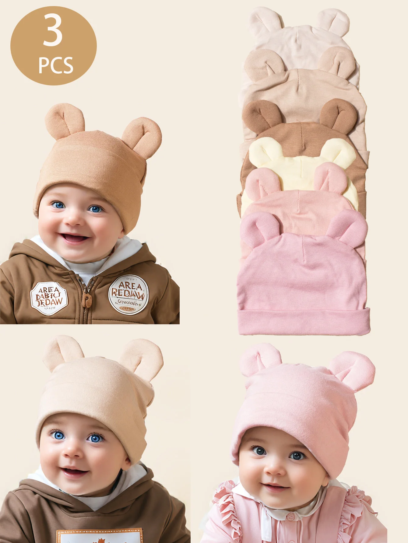 3-teiliges Babymützen-Set – ideal für Neugeborene im Alter von 0 bis 2 Jahren, mit Bärenohren-Mütze, geeignet für Herbstkleidung für Jungen und Mädchen