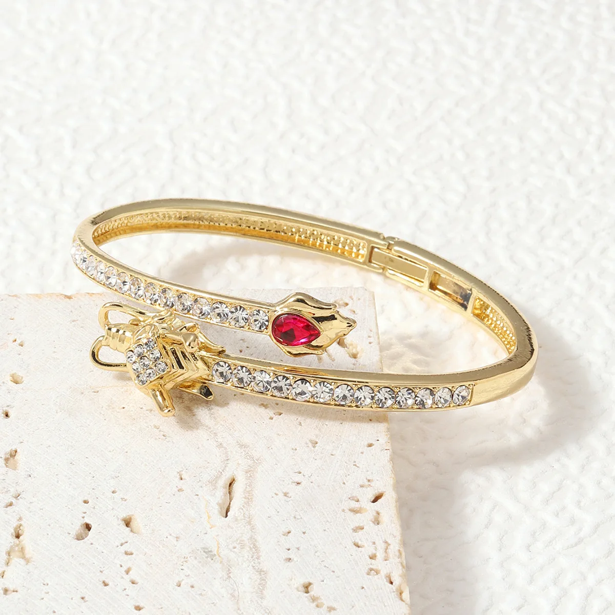 

Luxury Gold Bangle Bracelet for Women – Red Crystal Gem with Bee Charm, Adjustable Rhinestone Cuff Jewelry