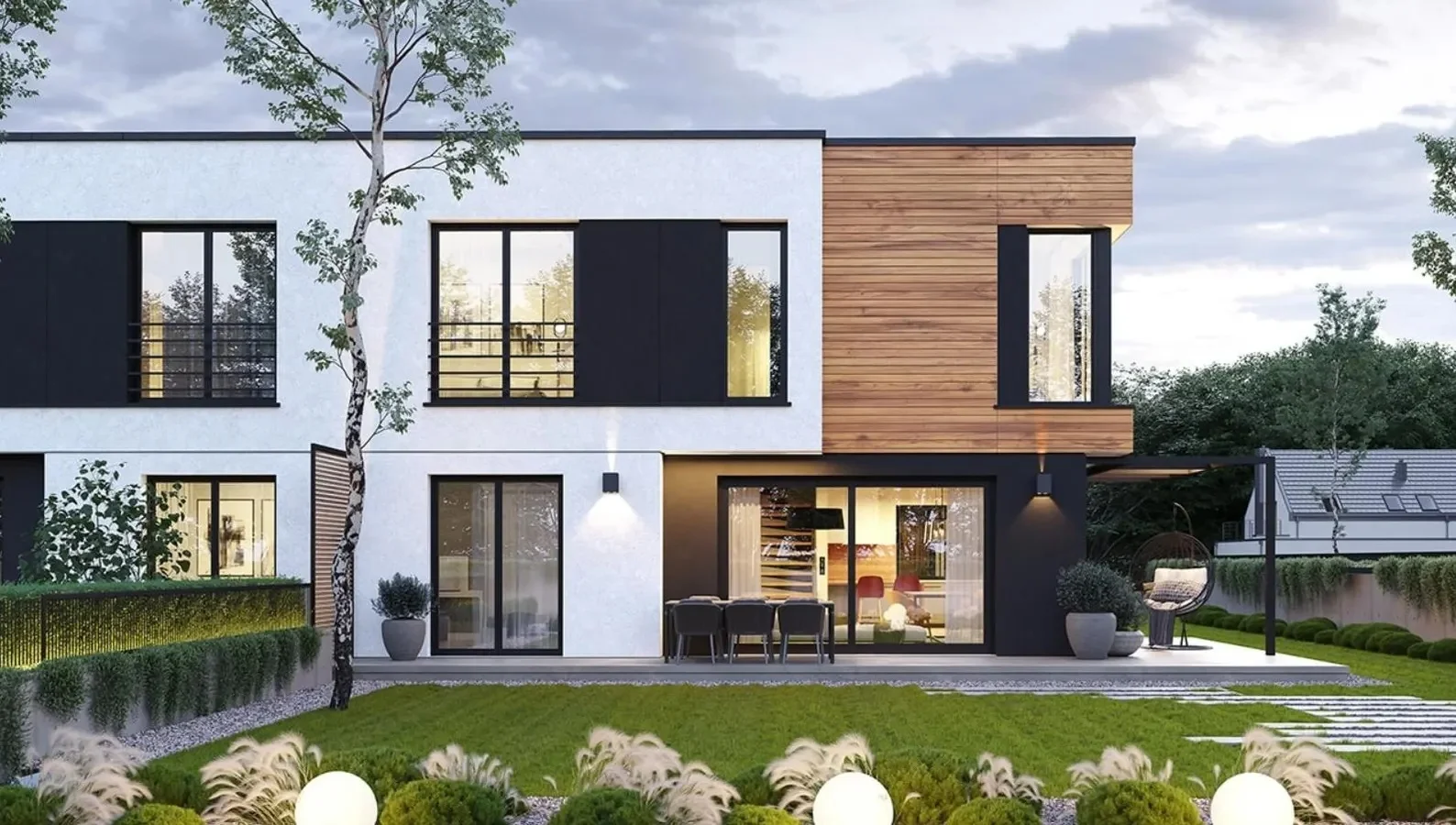 خطط مطبوعة للفيلا الحديثة التوأم |   4 غرف نوم 216 م2 تصميم علوي ومرآب |   كتيب مخطط المنزل DIY + قائمة المواد المجانية