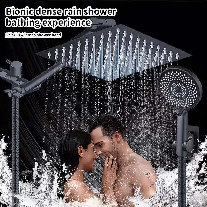 High-Pressure Shower Head Combination with Handheld Spray - 9-Spray Settings Suitable for Bath/Shower, Stainless Leakproof Rainfall Shower System, Adjustable Angle & Hose, Bracket, Polished Square for Modern Bathrooms,for Shower Use Only